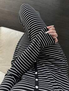 2pcs Women's Pajama Set, V-Neck Cardigan Striped Print Long Sleeve Pants, Easy Care Fabric - Black and White - View 8
