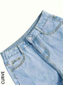 Women's Plus Size Loose Wide Leg Straight Rivet Denim Jeans, Back Elastic Waist Design, Fashionable Autumn/Winter Plus Size Long Pants - Light Wash - View 5