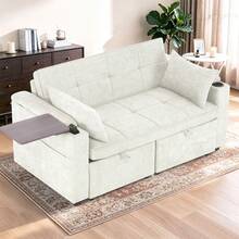 Multi‑Purpose 2‑Seater Sofa Sleeper Bed, 3‑In‑1 Pull‑Out Design With Cup Holders & Hidden Small Table For Living Room & Bedroom,White - White - View 4
