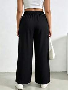 Pantalones de pierna ancha de talle alto con cordón ajustable y pliegues delanteros, corte holgado que estiliza la silueta, diseño versátil ideal para oficina casual, salidas y uso diario - Negro - Ver 2