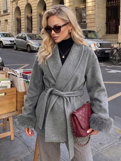 Giacca da donna stile elegante autunno/inverno con maniche in finta lana e pelliccia, cappotto stile kimono con chiusura a lacci, effetto snellente di alta qualità