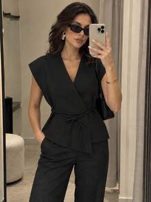 Casual Solid Color Criss-Cross Waist Vest, Suitable For Spring And Autumn Black Summer, Streetwear - Black - View 2
