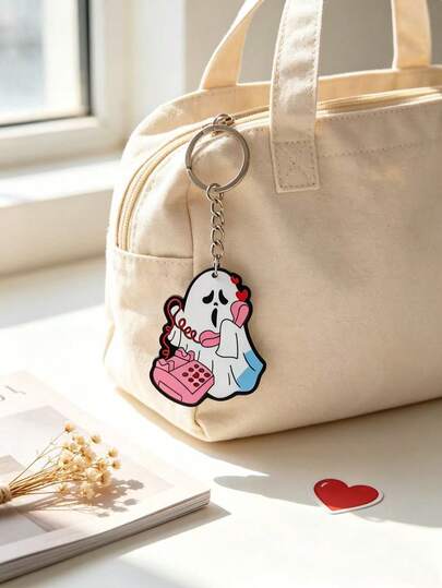 1pc Halloween New Mushroom Head Phone Creative Cartoon Cute White Ghost Funny Acrylic Keychain, Suitable For Couples And Best Friends, Also Great For Parties
