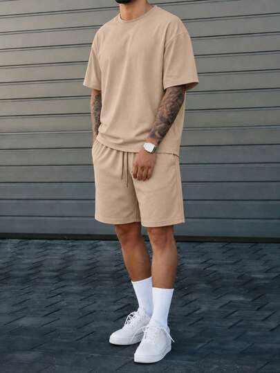 Conjunto de 2 Piezas para Hombre, Camiseta de Manga Corta y Pantalones Cortos con Cordón, Tejido Ligero y Transpirable, Casual para Verano y Uso Diario