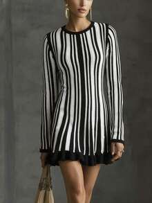 Women Fall Winter Elegant Color White Black Block Striped Sweater Ruffle Dress, Flared Hem Ribbed Bodycon Dress, Baby Shower/New Year Dress - Multicolor - View 10