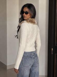 Women Cropped Zip‑Up Cardigan, Faux Fur Collar Cable Knit Long Sleeve Slim Fit Knit Jacket, Short Zip Front Sweater For Fall Winter Daily Wear- - Apricot - View 3