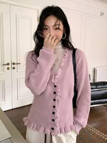 Autumn New Korean Style V-Neck Niche Sweater Cardigan Lazy Ruffle Hem Waist-Cinching Slimming Knitwear Sweater - Pink - View 4