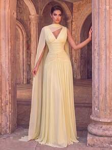 Women's Solid Color Pleated Elegant Waist-Cinching Cocktail Party Dress - Yellow - View 6