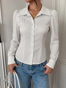 SCARLUX Women's Y2K Polka Dot Lapel Long Sleeve Shirt, Slim Fit Button-Up Top, Suitable For Back To School And Daily Commute - White Background With Black Waves - View 5