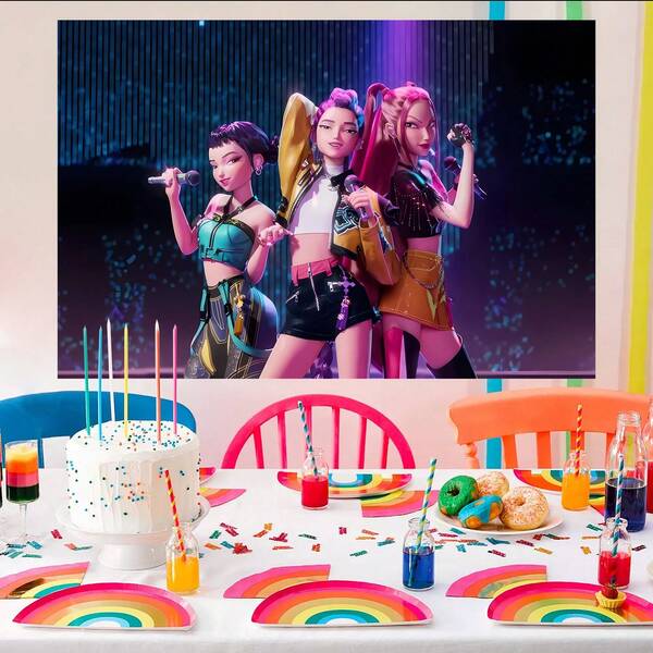 KPop Demon Hunters Authorized 1PC Sweet K-POP Star Group Music Festival Theme Party Decoration Backdrop (82.7x59.1 59.1x39.4 39.4x29.5 Inch), Cool Demon Hunter Girl Group Theme For Holiday Garden Theme Events, Weddings, Birthdays And Photography Theme Party Wall Banner Background Decoration Props