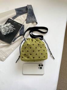 新款燈芯絨波點抽繩水桶包，燈芯絨女款斜挎包，時尚女款單肩包 - 綠色 - 查看 6
