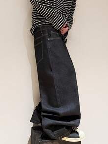 1pc American Street Fashion Tiger Embroidery Men's Loose Wide-Leg Jeans, Comfortable Casual Versatile Denim Pants, All Season - Black - View 8
