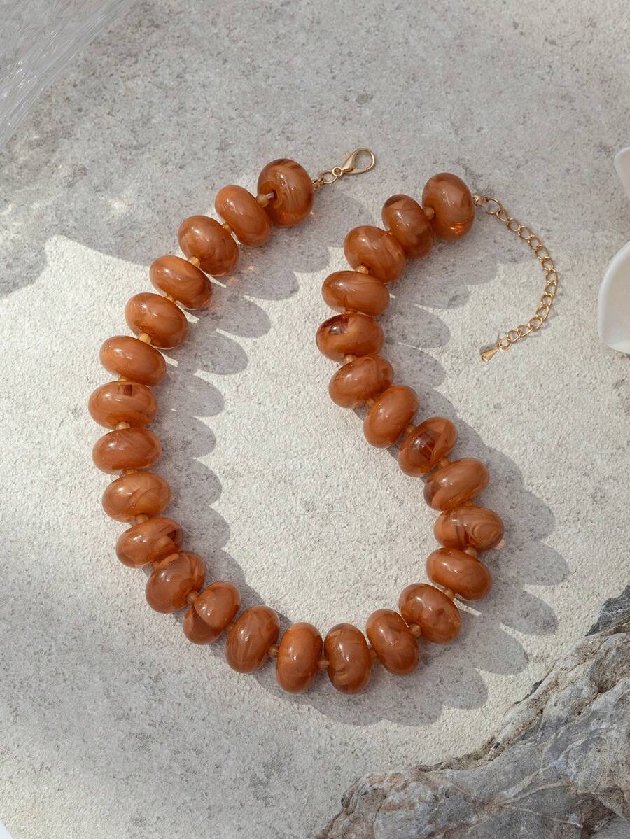 1pc Women's Fashion Minimalist Dopamine Candy Color Exaggerated Beaded Necklace, Versatile For Daily Wear (Random Tie-Dye Color, Random Drip Tail) - Brown - View 1