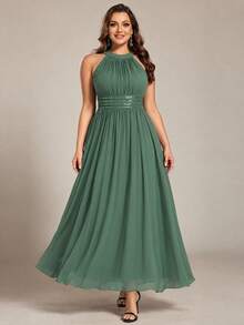 EVERPRETTY Plus Size Elegant Beaded Ruched Chiffon Halter Neck Green Bridesmaid Dress, Suitable For Evening Party, Wedding, Semi-Formal Occasion Guest Attire - Green - View 4