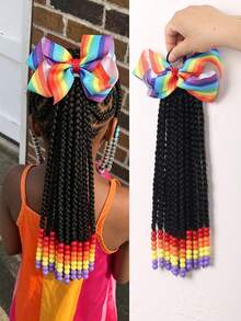 1pc Kids Wig, With Colorful Bow Clip, Fluffy Cute Short Ponytail, Decorated With Colorful Beads At The Ends, Suitable For Daily Wear And Parties. - Black - View 2