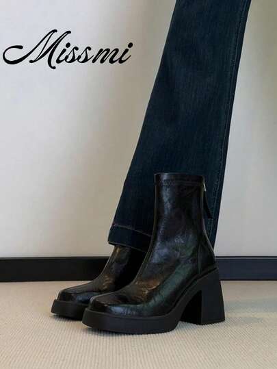 Autumn/Winter Lace-Up Mary Jane Ankle Boots For Women, Vintage Flat Elastic Slim Fit Back Zipper