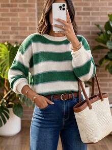 Green & White Colorblock Striped Knit Pullover Sweater, No Decoration, Round Neck, Drop Shoulder, Loose Fit, Casual Daily Commute For Women - Green - View 1