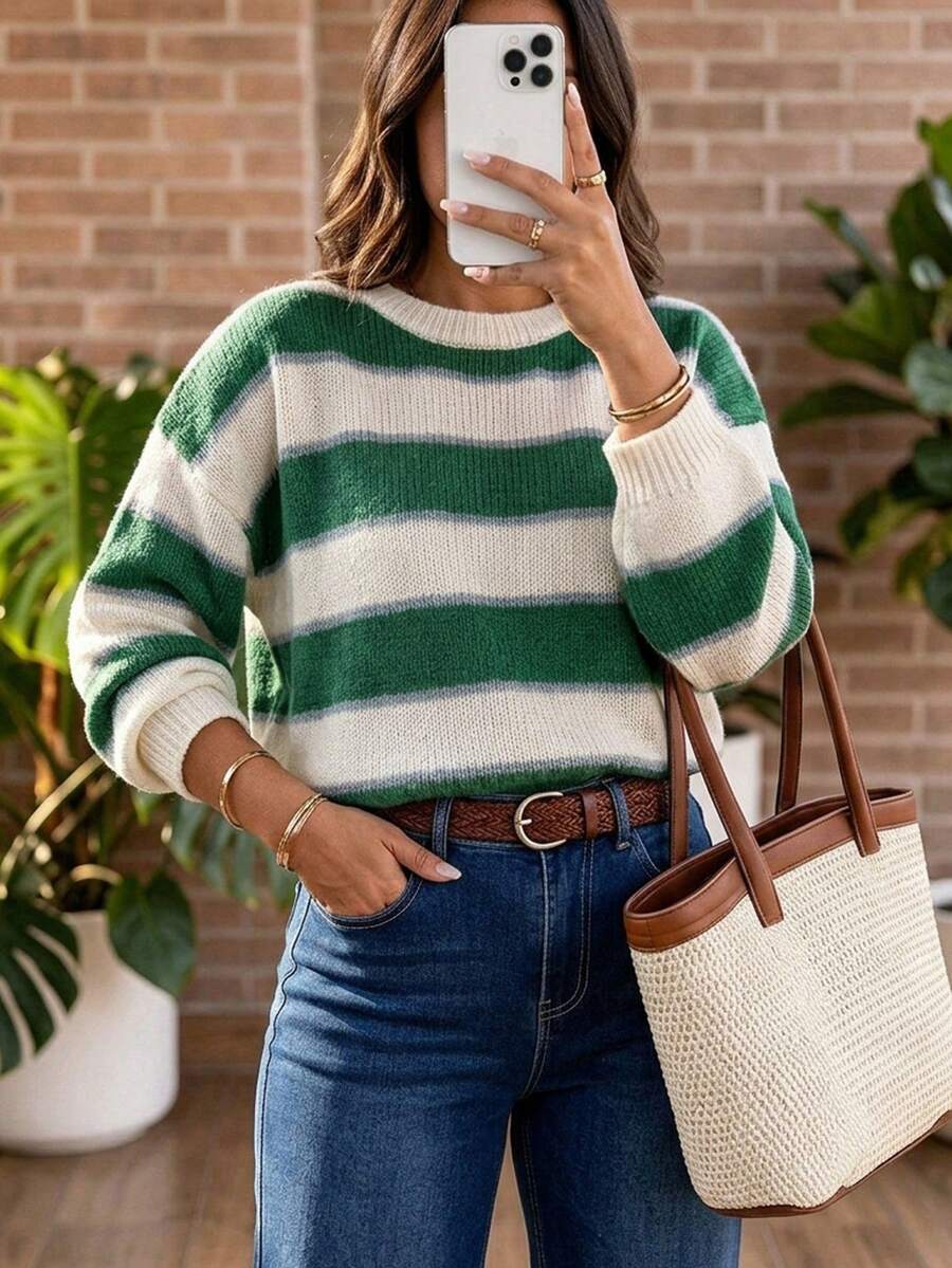 Green & White Colorblock Striped Knit Pullover Sweater, No Decoration, Round Neck, Drop Shoulder, Loose Fit, Casual Daily Commute For Women - Green - View 1
