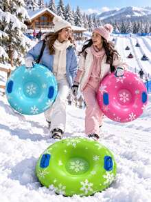 1件 80cm 雪花印花充氣雪圈，藍色/綠色/粉色多色可選，雙把手圓形雪橇，輕量充氣雪橇，適合冬季戶外滑雪、雪上娛樂、家庭冬季活動、聖誕禮物、節日必需品、健身器材，雪橇，戶外 - 雪花滑雪圈 - 查看 1