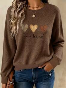 Plus-Size Women's Top Featuring A Three-Color Heart Pattern And The Slogan "Be Kind To Others"; Soft, Comfortable, Stylish, And Elegant. - Dark Ochre - View 5