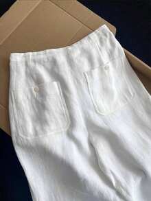 Women's White Linen Wide Leg Pants, Drawstring Elastic Waist Casual Long Pants With Back Pockets, Breathable Summer Vacation Pants - White - View 2