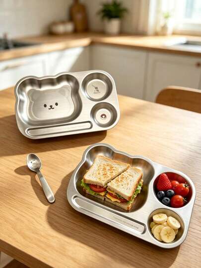 1pc/Stainless Steel Kids Plate/Cartoon Stainless Steel Spoon/Laser Pattern Non-Fading/Cultivate Baby's Independent Eating/Portable Baby Tableware Set/Easter Gift/Plate Capacity: 350ml/11.83fl Oz