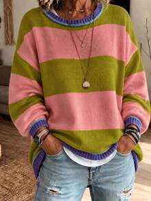 Plus Size Women's Striped Knit Pullover Sweater, Long Sleeve Round Neck Drop Shoulder Ribbed Top, Suitable For Autumn/Winter Season - Multicolor - View 5