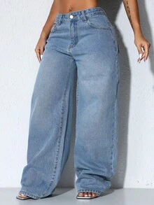 Low Waist Wide Leg Casual Blue Slanted Pocket Curved Women'S Jeans Fall Clothes - Dusty Blue - View 1