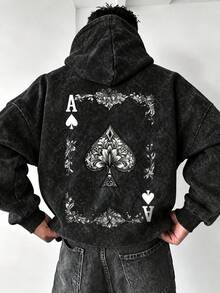 Men's Washed Distressed Hoodie, Loose Fit Vintage Sweatshirt With Black Spade A Poker Card Print On Back - Black - View 3
