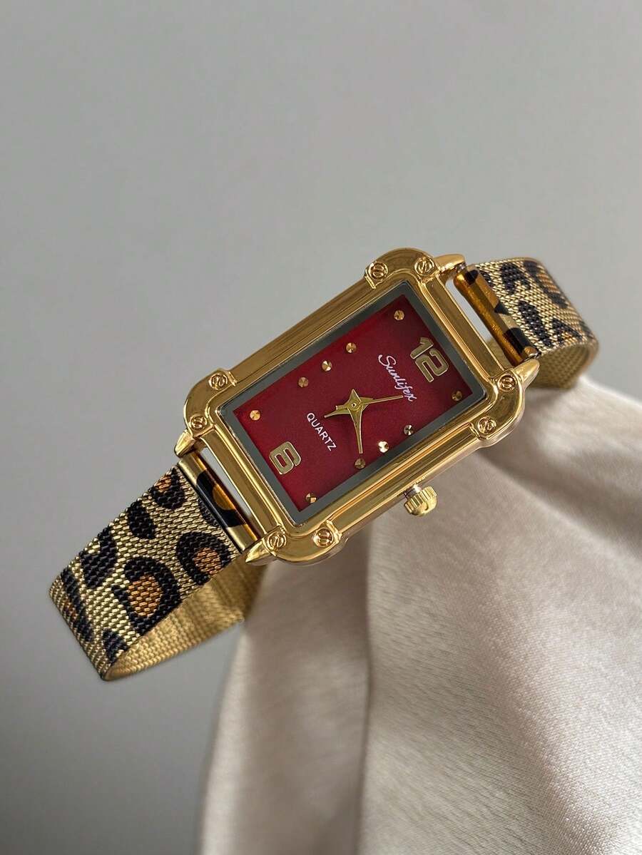 1pc Fashionable Gold Women's Quartz Watch, Rectangular Red Dial, Mixed Hour Markers, Suitable For Daily Wear And Party - Gold - View 1