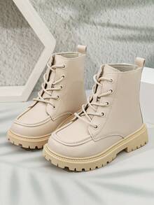 1 Pair Boys Girls Solid Color Cool Lace-Up Classic Boots, Suitable For Autumn/Winter Outdoor Ankle Boots - Beige - View 3