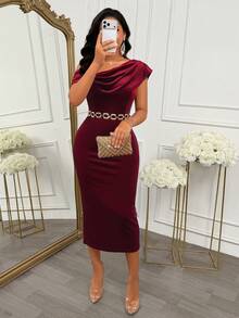 AIJ Robe midi élégante d'automne en velours bleu royal à une épaule, col drapé, dos nu, fente, robe de soirée ajustée, convient pour invitée de mariage, soirée - Rouge foncé - Voir 4