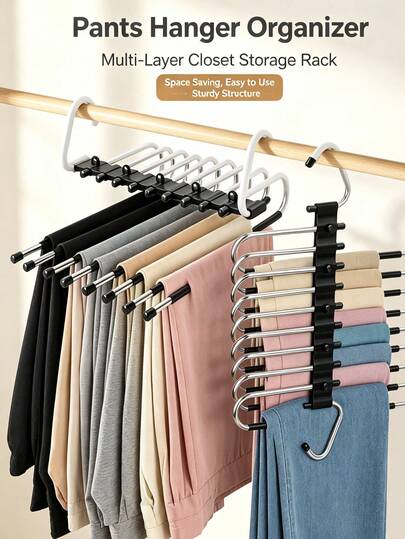 1pc/2pcs Multi-Layer Pants Hanger, Space-Saving Closet Storage, Metal Non-Slip Pants Rack, Multi-Rod Design, Suitable For Jeans, Leggings, Skirts, Pants, Scarves, Closet, Bedroom Wardrobe, Apartment Clothing Storage Accessories