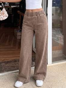 Women's Plus Size Washed Denim Loose Long Jeans, Elastic Waist Design, Non-Stretch Vintage Casual Pants - Brown - View 4