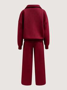 Youth Girl Letter Pattern Embroidered Half-Zip Stand Collar Sweatshirt And Pants - Red - View 2