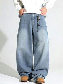 Vintage Washed Loose Relaxed Fit Elastic Waist Pants For Teenage Boys - Light Wash - View 2