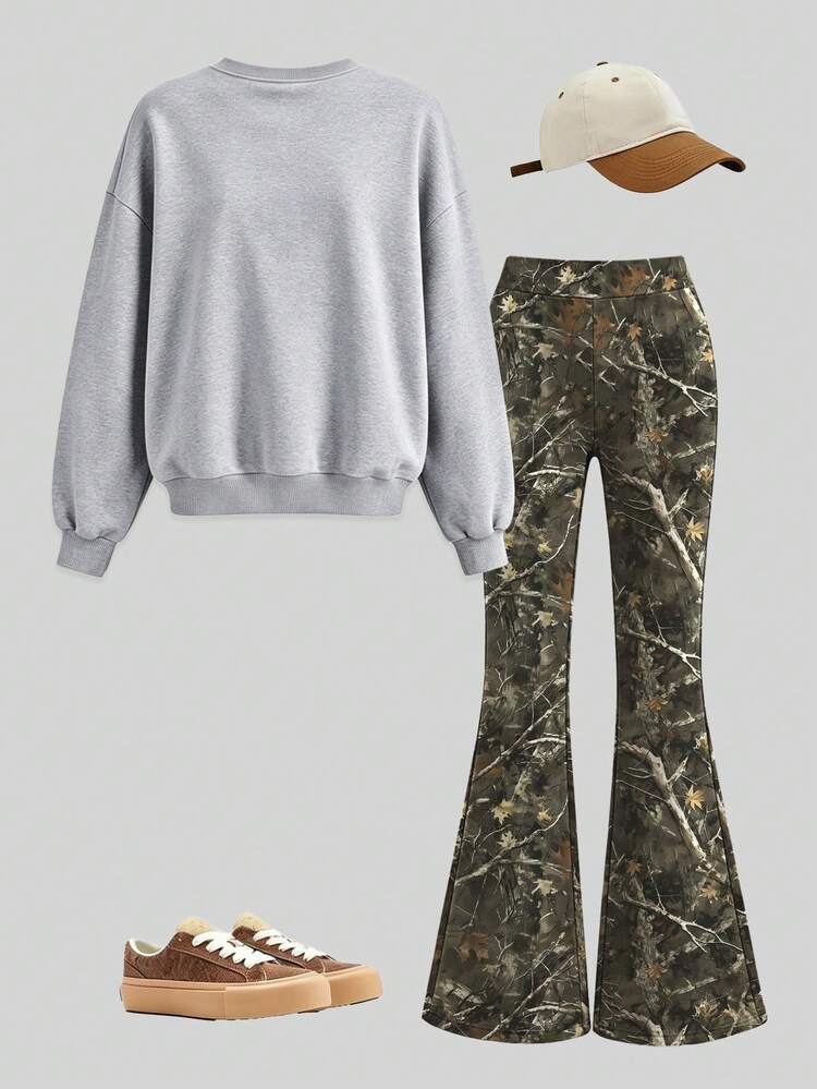 2pcs Casual Set For Tween Girls, Fashionable MAMA Print Sweatshirt Paired With Camouflage Maple Leaf Flare Pants, Suitable For Spring And Autumn Daily Wear - Grey - View 3