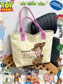 Miniso Disney Toy Story Sheriff Woody Canvas Tote Bag, Beige With Handle Shoulder Bag, Suitable For Daily Use - Pink - View 4