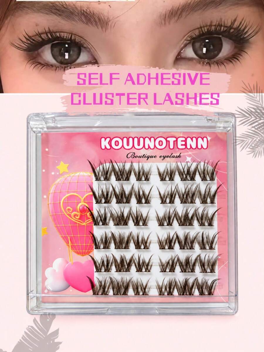 36pcs Brown Natural Cat Eye Cluster False Eyelashes, Self-Adhesive Single Lash Without Glue, Glue-Free Bright Cluster Eyelashes, Suitable For Daily Makeup - View 1