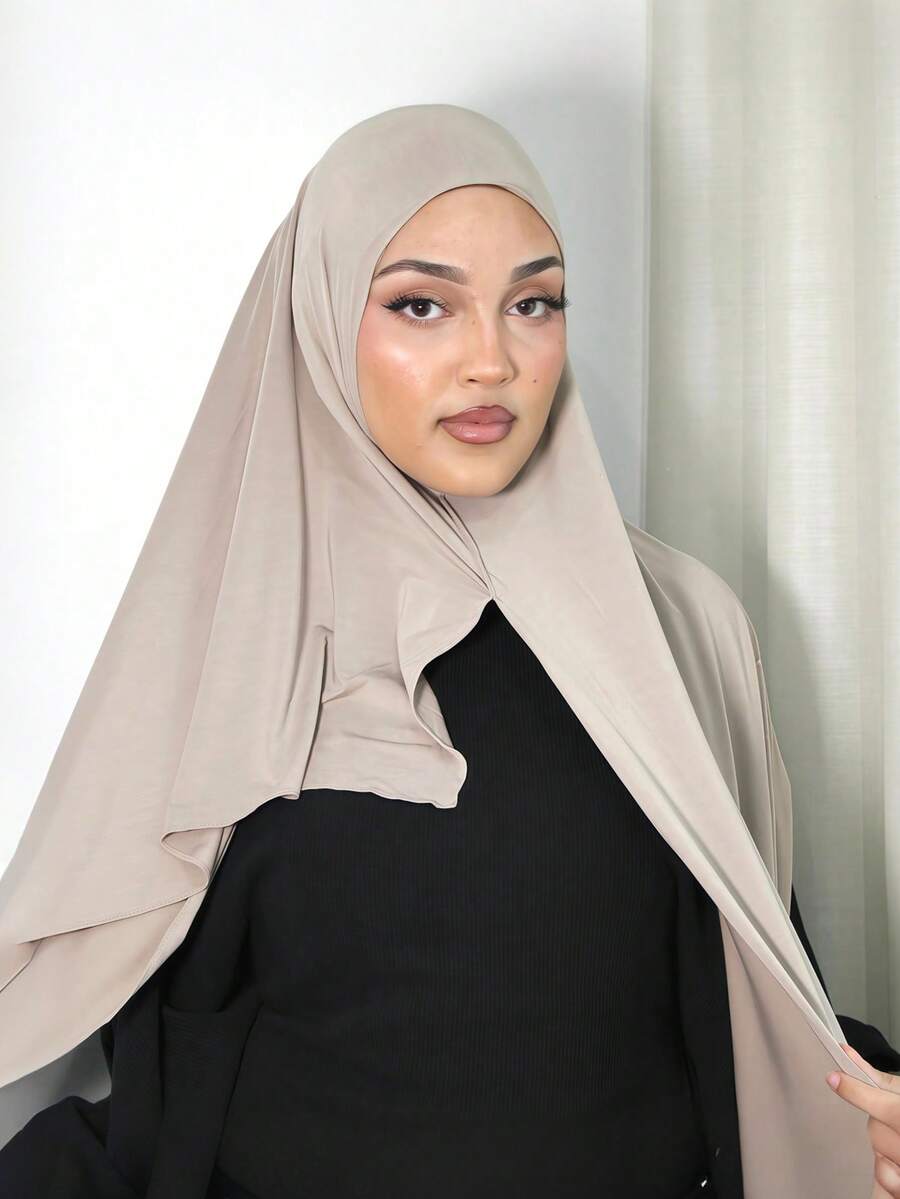 1件穆斯林女性一步式Khimar頭巾－預綁式套頭端莊頭罩，免針針插針織面料，含頸部遮蓋，適合旅行、工作、日常穿著