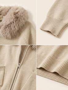 Women's Plush Trim Hooded Knit Cardigan, Winter Casual - Apricot - View 10