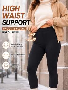 Women's Fleece Lined High Waist Tummy Control Warm Leggings, Elastic Slim Fit Autumn/Winter Daily Wear Pants - Black - View 4