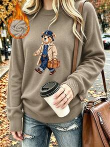 Women's Plus-Size Casual, Cute Faux-Knit Sweater Featuring A Stylish Bear Graphic-A Versatile Top Perfect For Everyday Wear In Autumn And Winter. - Camel - View 9
