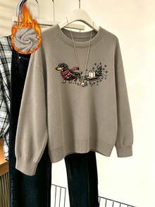 Women's Plus-Size Casual Crew-Neck Faux-Knit Sweater With Dachshund Graphic Print – A Versatile Top For Autumn And Winter, Perfect As A Christmas Gift - Camel - View 6
