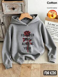 Fall/Winter 3 Pieces Set Girls' Fleece Hoodie Gray Long Sleeve Cotton Rose Print Graphic Y2K Style - Heather Gray+Heather Gray+Heather Gray - View 4