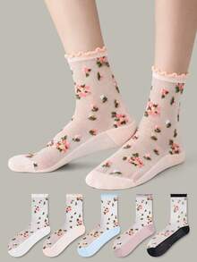ZUJO 5 Pairs Women's Mesh Transparent Mid-Calf Socks, Floral Small Pattern, Simple Style, Suitable For Spring, Summer, Autumn Daily Wear, Random Color - Multicolor - View 3