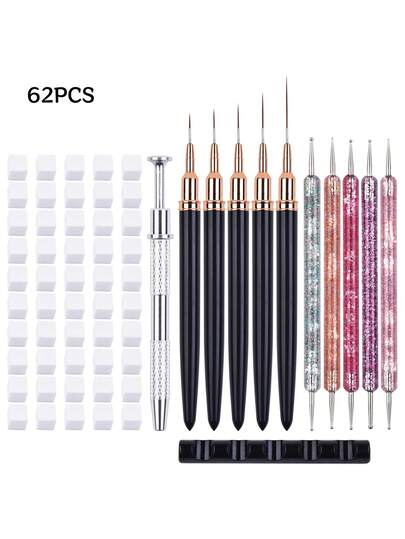 62Pcs Nail Art Painting Tool Set, Nail Liner Brushes And Dotting Pens With Practice Blocks, For Nail Pattern Drawing
