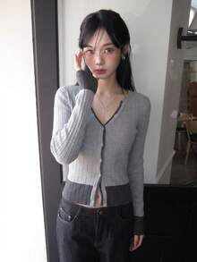 Autumn/Winter Korean Vintage Gray Colorblock Single-Breasted Long Sleeve Knit Cardigan, Casual Versatile For Daily Wear - Grey - View 2
