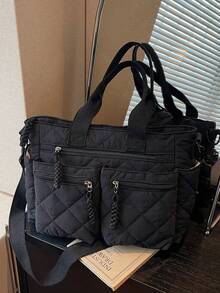 Large Capacity Tote Bag, 3D Quilted Diamond Pattern, Multi-Zipper Pocket Design, Relaxed Casual Style, Black Lightweight Crossbody Handbag, Suitable For Work Commute, Campus Study, Short Trips, Grocery Shopping, Minimalist Versatile Practical Shoulder Bag - Black - View 13