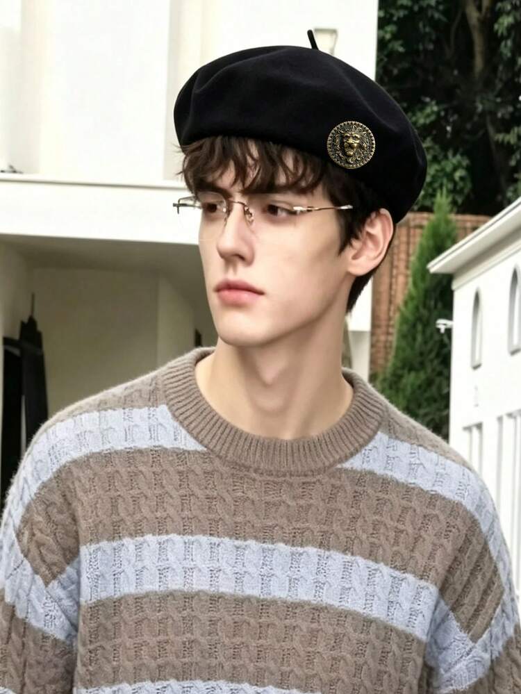1pc Men's Autumn/Winter Lion Head Detachable Pumpkin Beret Hat, Japanese Casual Wool Warm Hat, Premium Niche Design Vintage Hat For Men - one-size - View 3